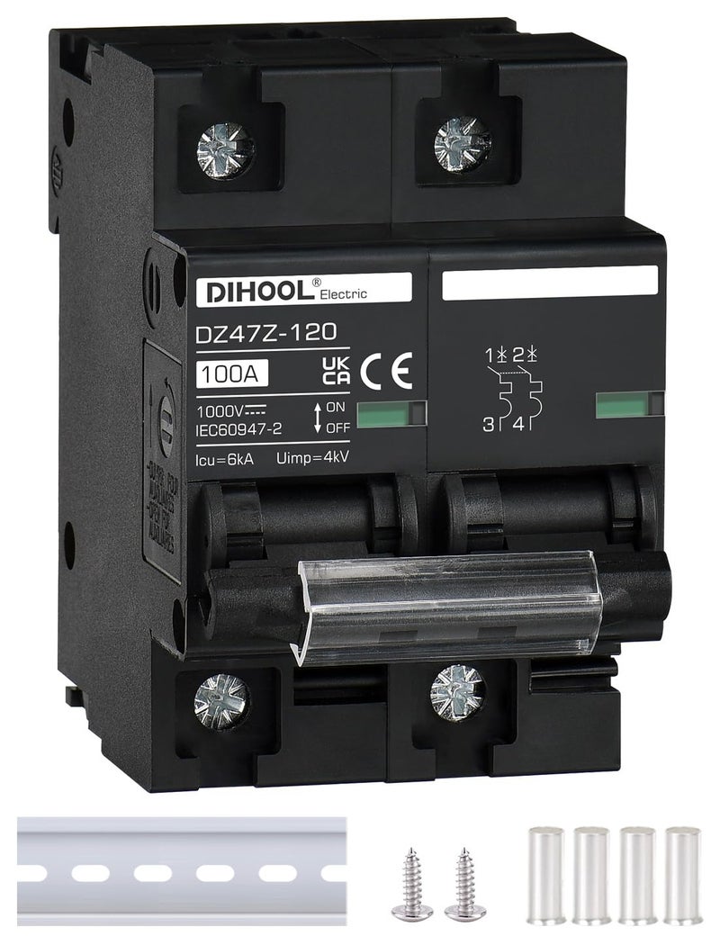 DIHOOL DC Circuit Breaker 100 Amp Solar Disconnect Switch 2p 1000V for PV, UPS, RV Battery,DIN Rail Mount… - Image 1